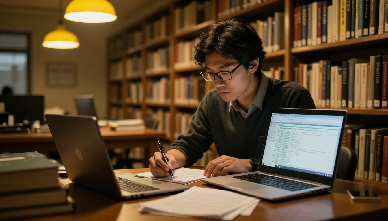 Researcher in university library with laptop and technical books
