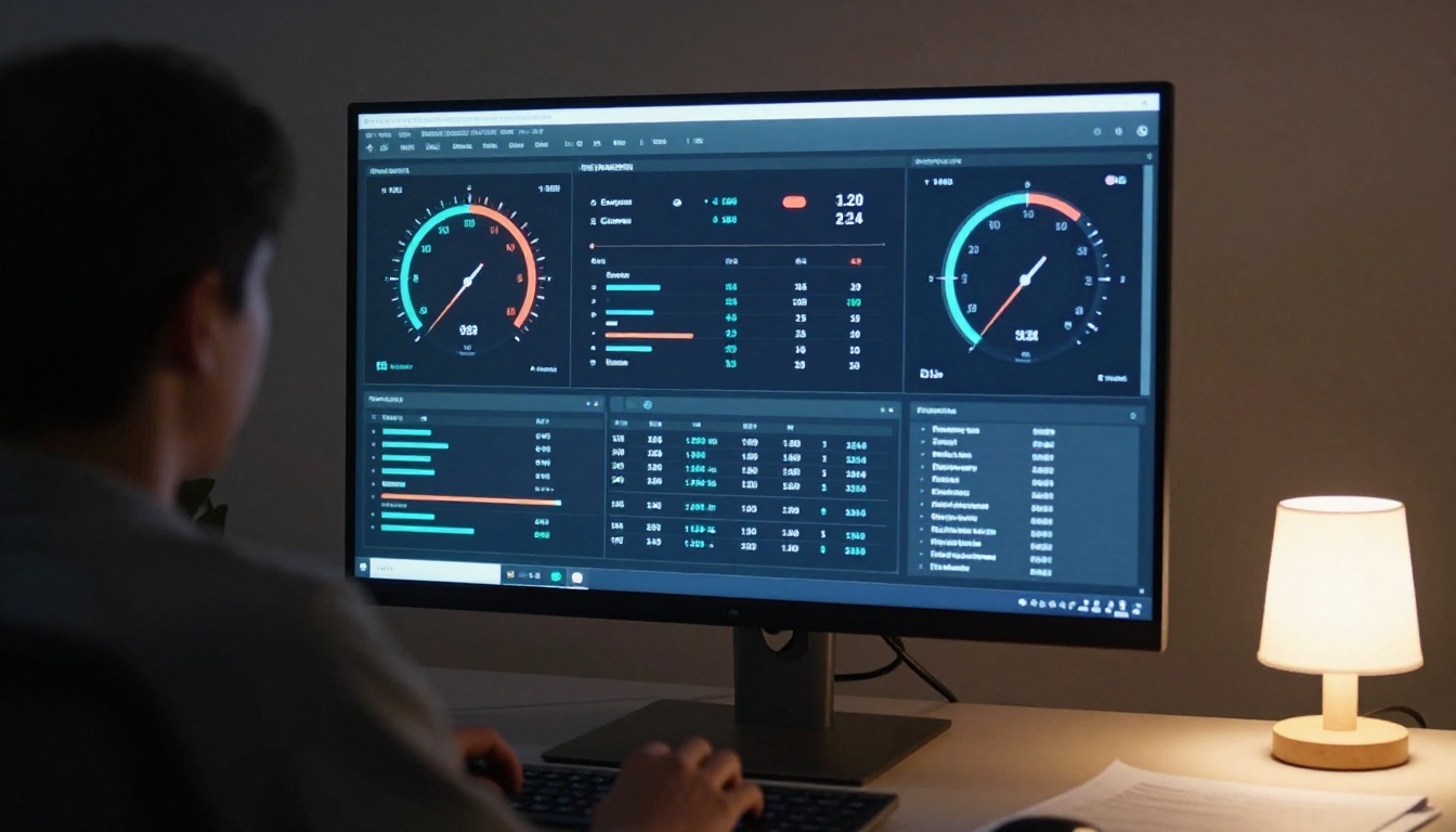 Low-angle view of performance metrics dashboard on desktop monitor Low-angle view of performance metrics dashboard on desktop monitor