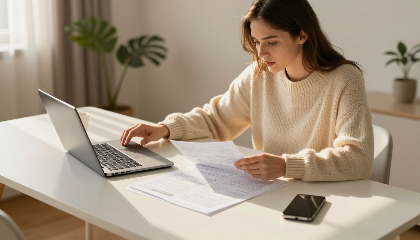 Young woman entrepreneur reviewing printed documents at minimalist home desk Young woman entrepreneur reviewing printed documents at minimalist home desk