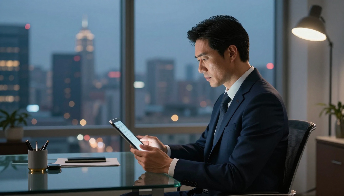 Executive reading from tablet in corner office at dusk with city lights Executive reading from tablet in corner office at dusk with city lights