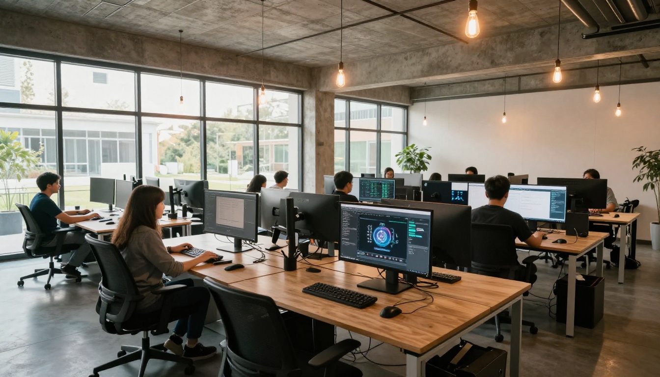 Modern tech startup open workspace with developers at curved monitors Modern tech startup open workspace with developers at curved monitors