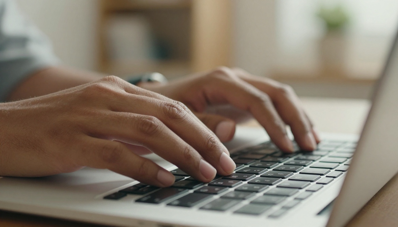 Extreme close-up of hands typing on a laptop keyboard in soft natural light
