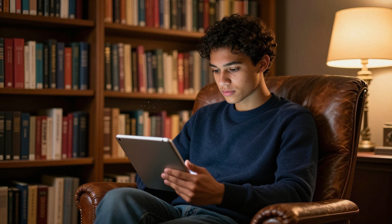 Person reading a tablet in a warm, cozy library setting