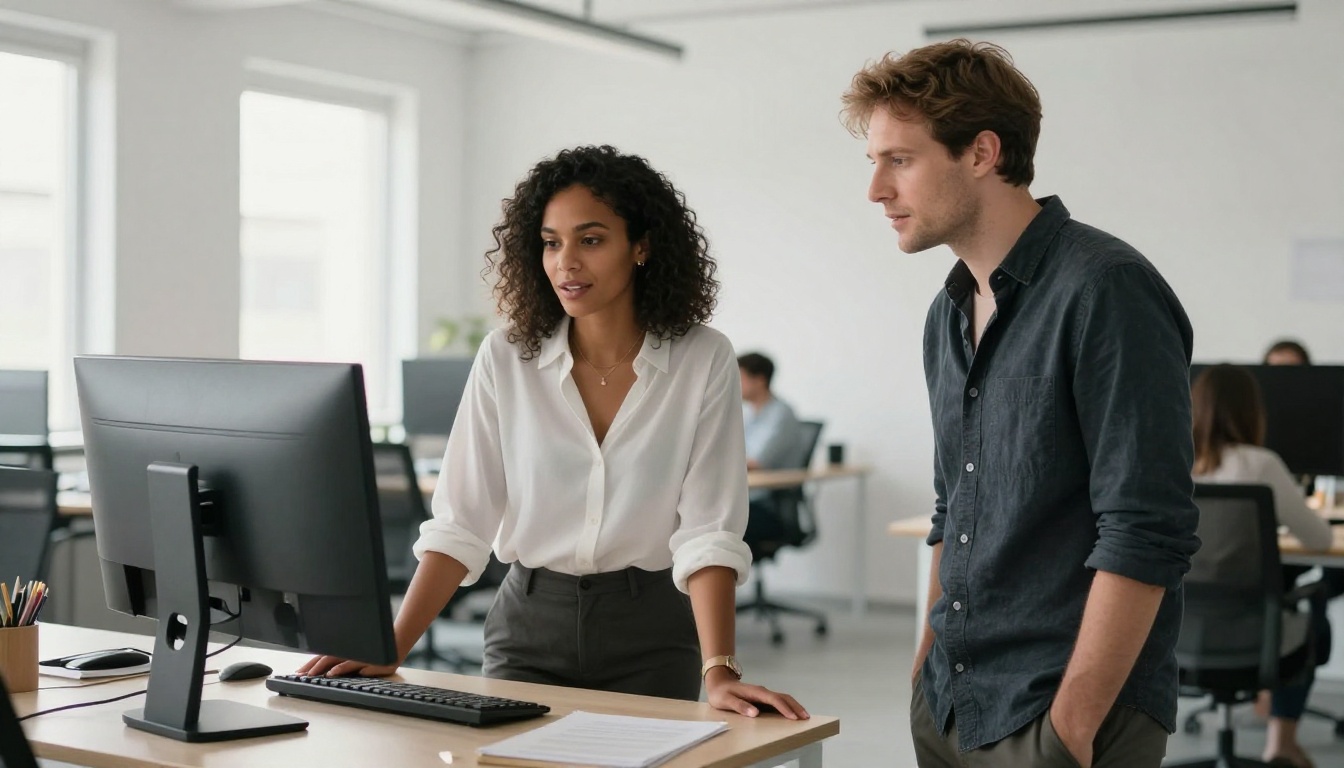 Two professionals collaborating in front of a monitor in a bright modern office