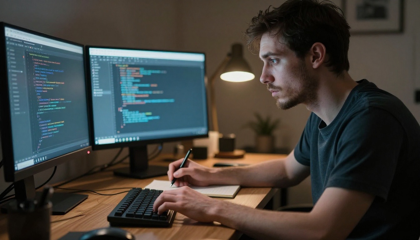 A developer working at dual monitors in a dimly lit evening home office