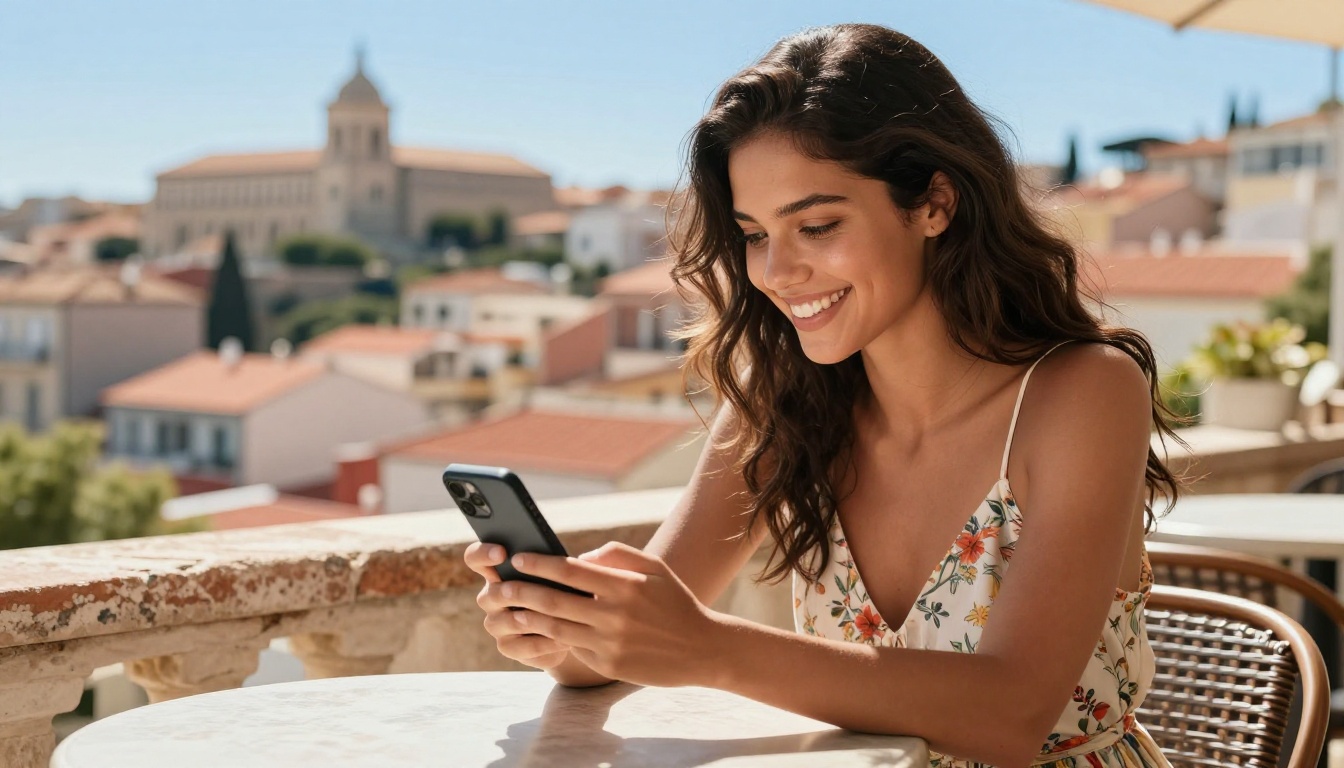 A smiling woman looking at her smartphone screen on a sunny outdoor terrace