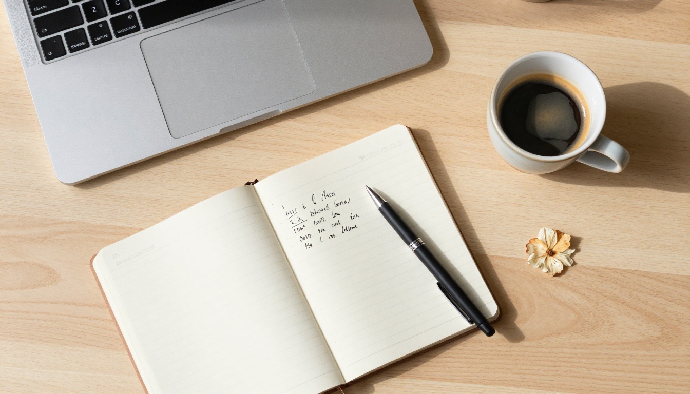 Minimalist top-down flat-lay of a wooden desk with a laptop, notebook, pen, and coffee cup Minimalist top-down flat-lay of a wooden desk with a laptop, notebook, pen, and coffee cup