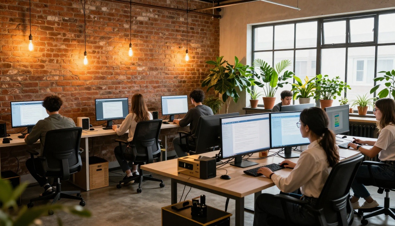 Wide-angle view of a creative studio workspace with multiple monitors and professionals at work Wide-angle view of a creative studio workspace with multiple monitors and professionals at work