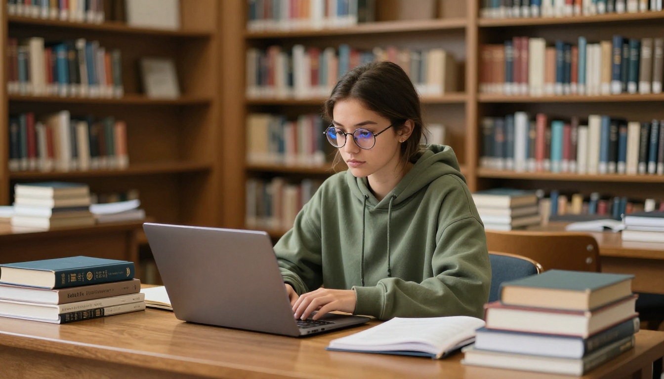 A female student with glasses studying at a long wooden table in a university library A female student with glasses studying at a long wooden table in a university library