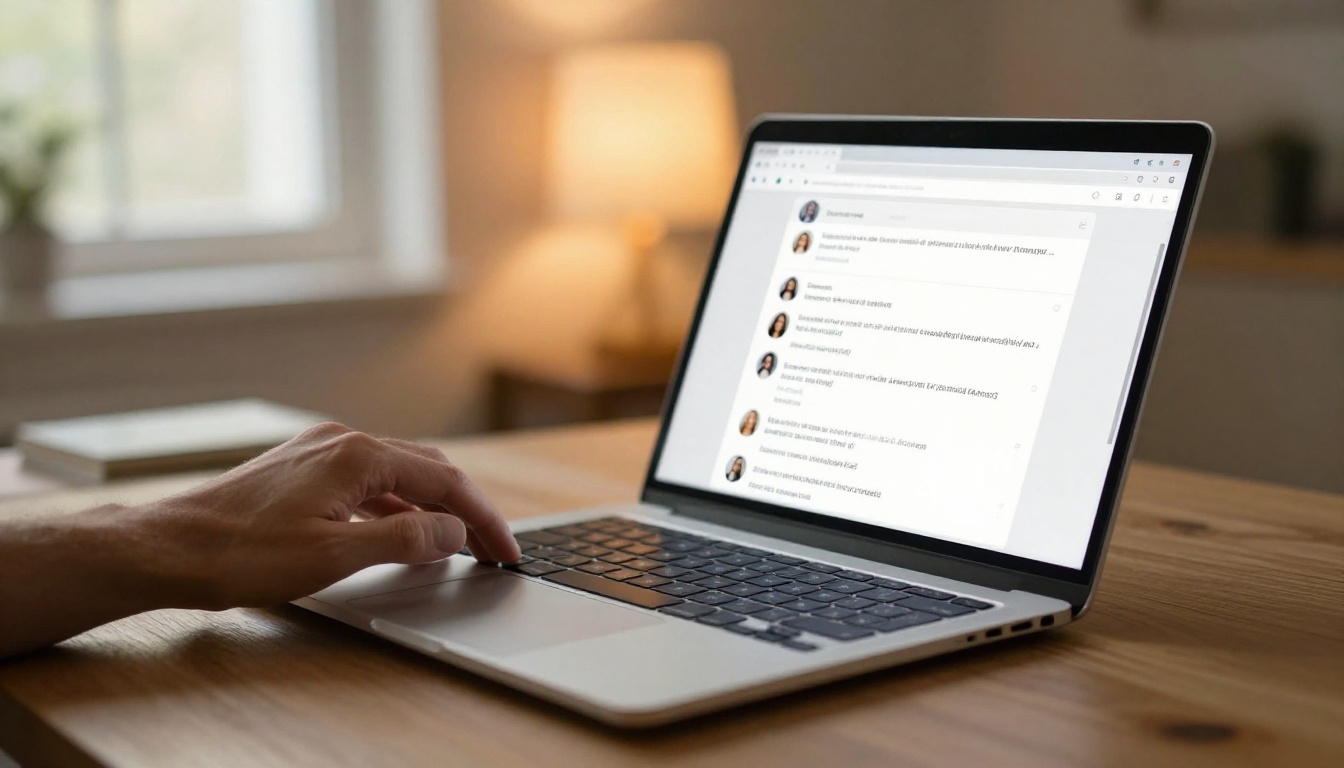Close-up of a laptop displaying a chat interface in warm ambient light with hands nearby Close-up of a laptop displaying a chat interface in warm ambient light with hands nearby
