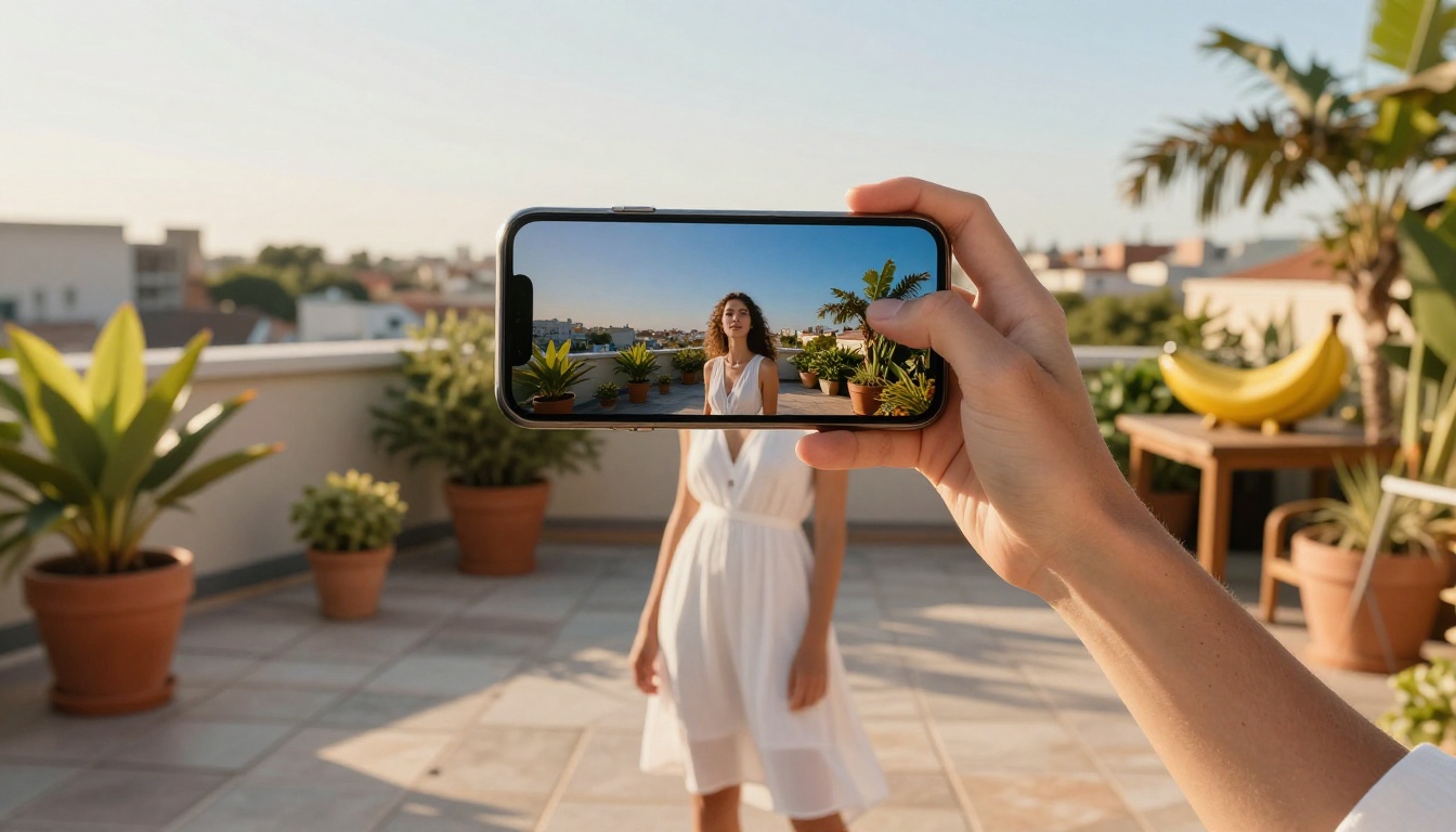 Woman on rooftop with smartphone showing AI-generated image