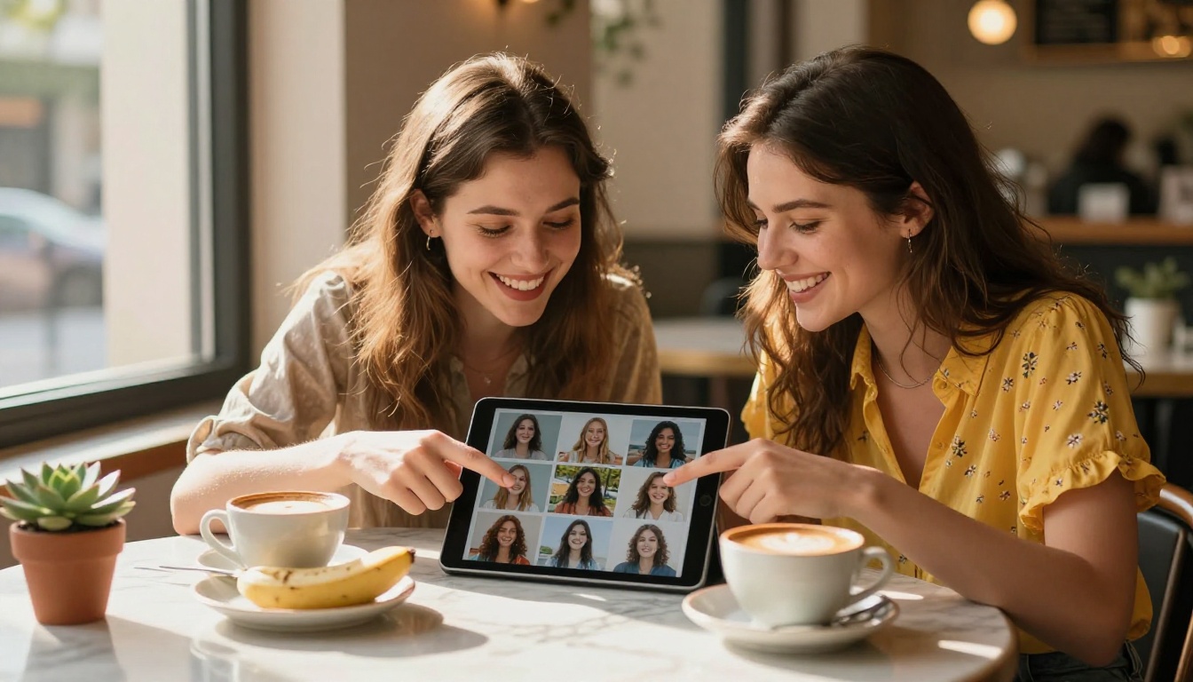 Two women at cafe reviewing AI-generated images together