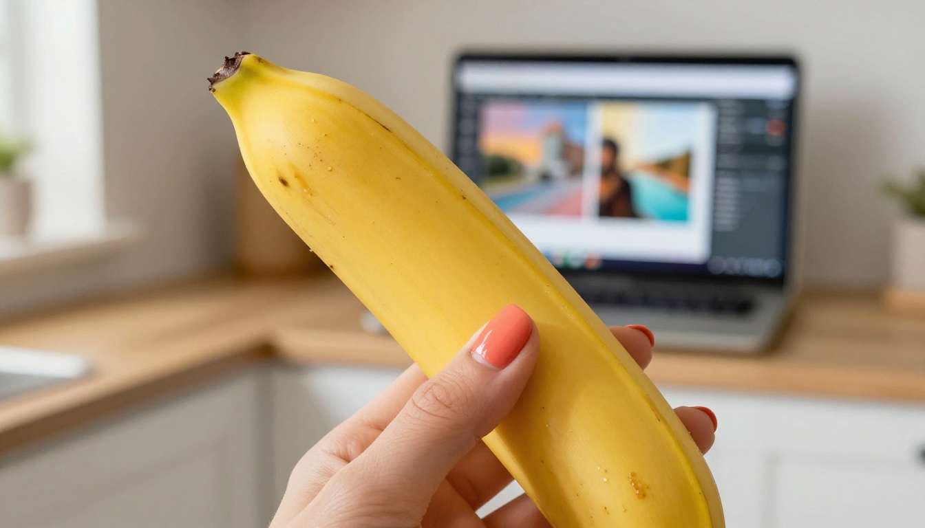 Close-up macro of banana with soft AI interface visible in background
