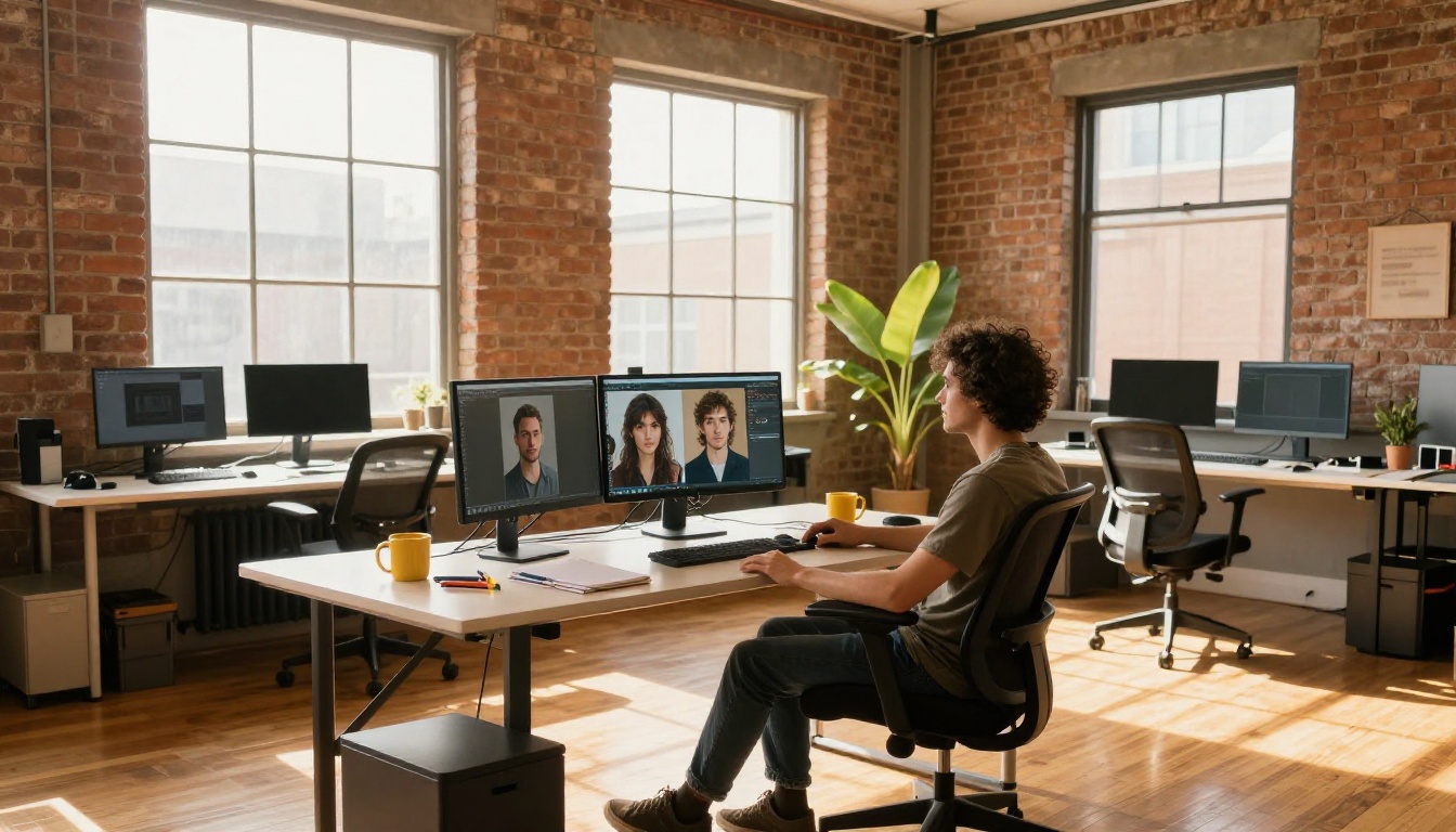 Young man in creative studio with three monitors comparing AI images