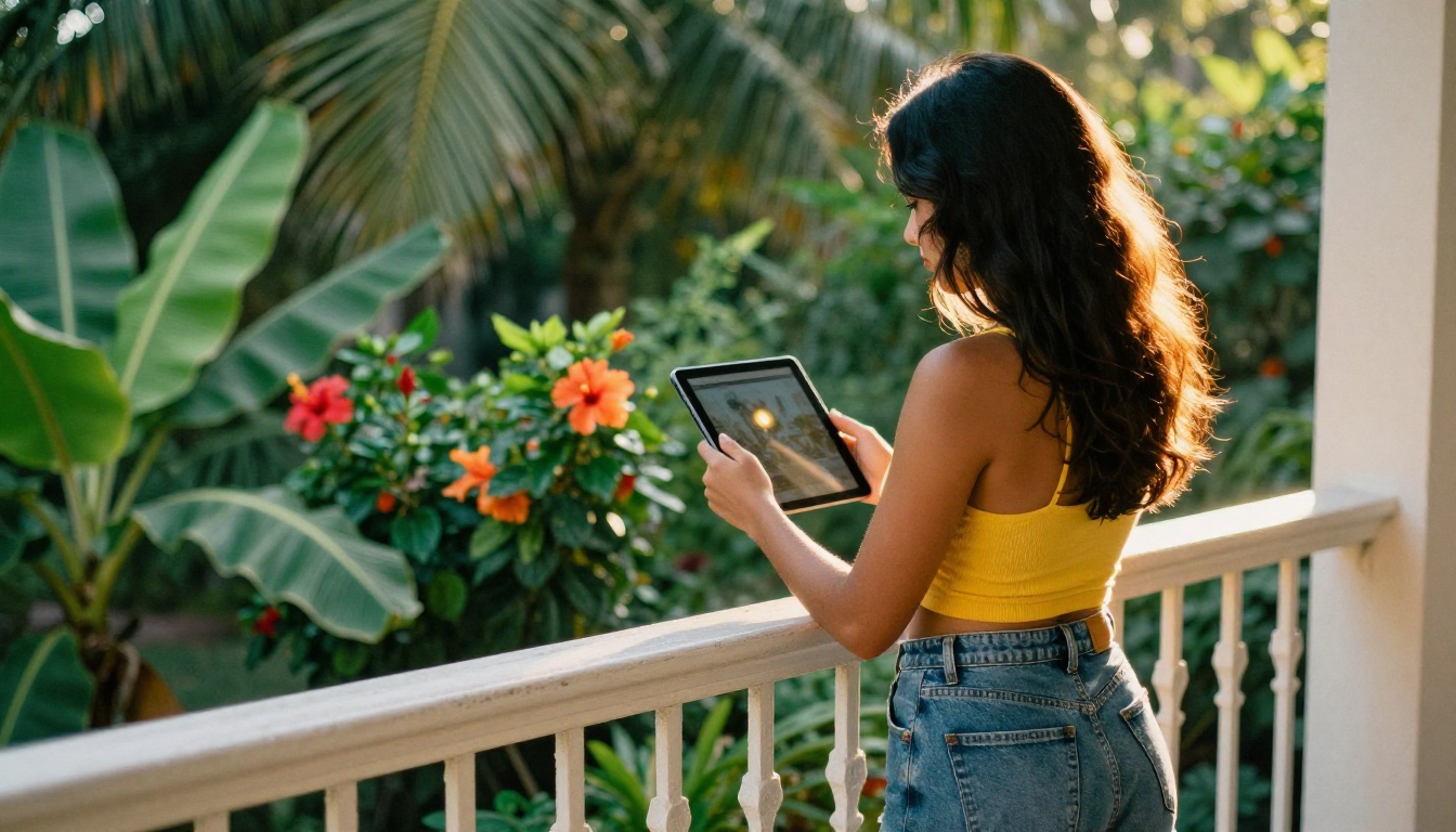 Woman on balcony with tropical plants viewing tablet screen Woman on balcony with tropical plants viewing tablet screen