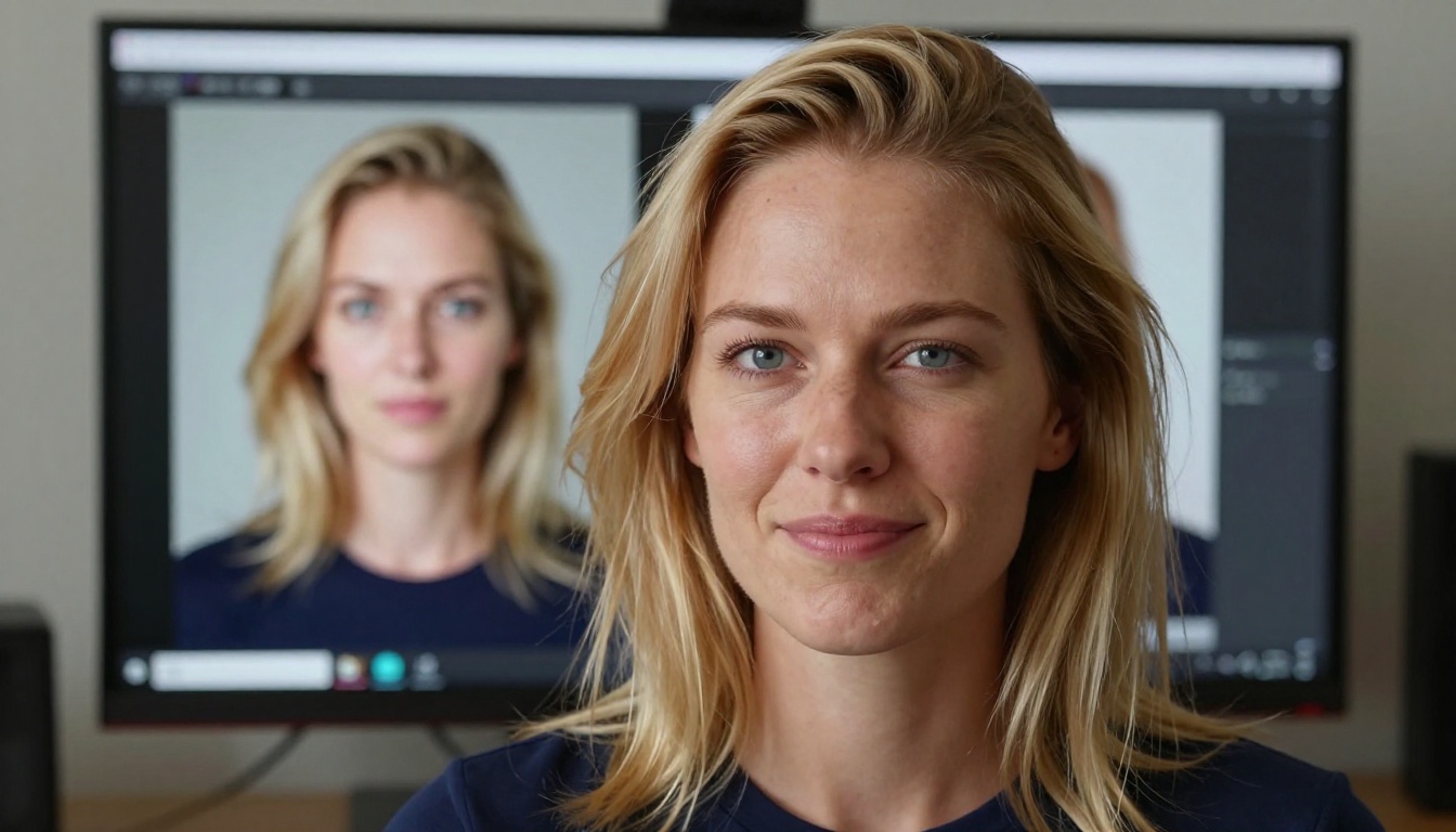 Woman comparing AI-generated portrait to real face with amused expression Woman comparing AI-generated portrait to real face with amused expression