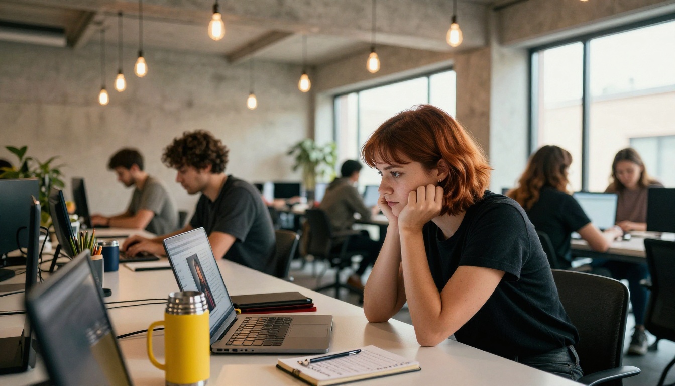 Woman in co-working space focused on laptop with AI image interface Woman in co-working space focused on laptop with AI image interface