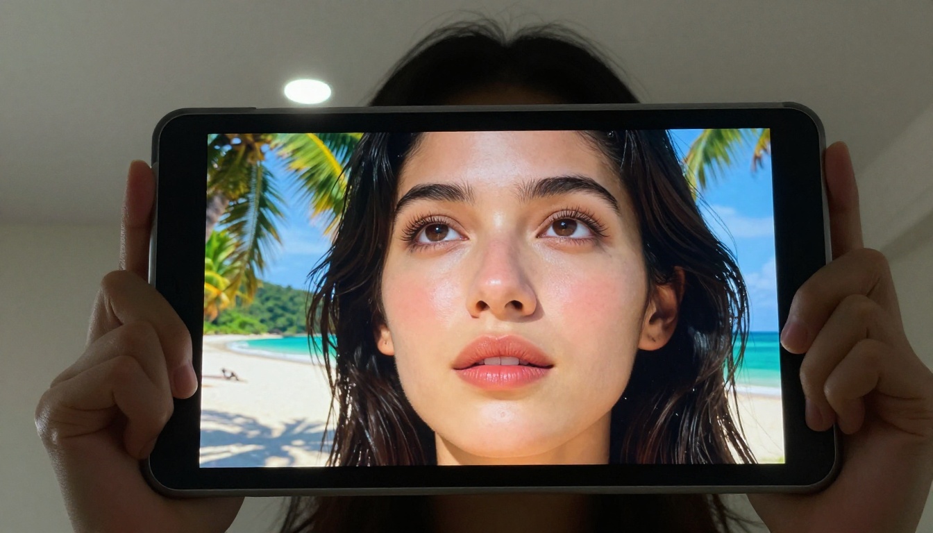 Dramatic low angle of woman holding tablet displaying AI-generated tropical beach Dramatic low angle of woman holding tablet displaying AI-generated tropical beach