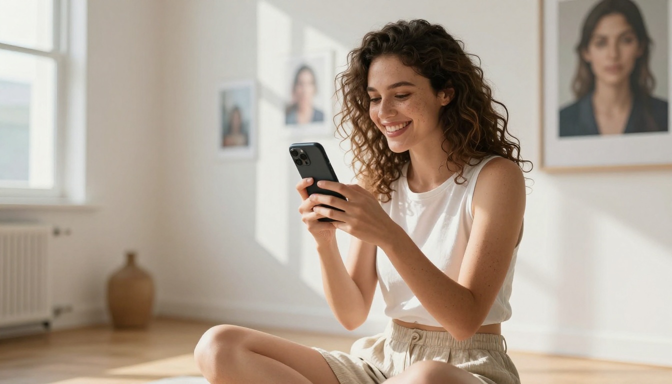 Woman laughing in minimalist studio while scrolling AI-generated photo gallery on her phone