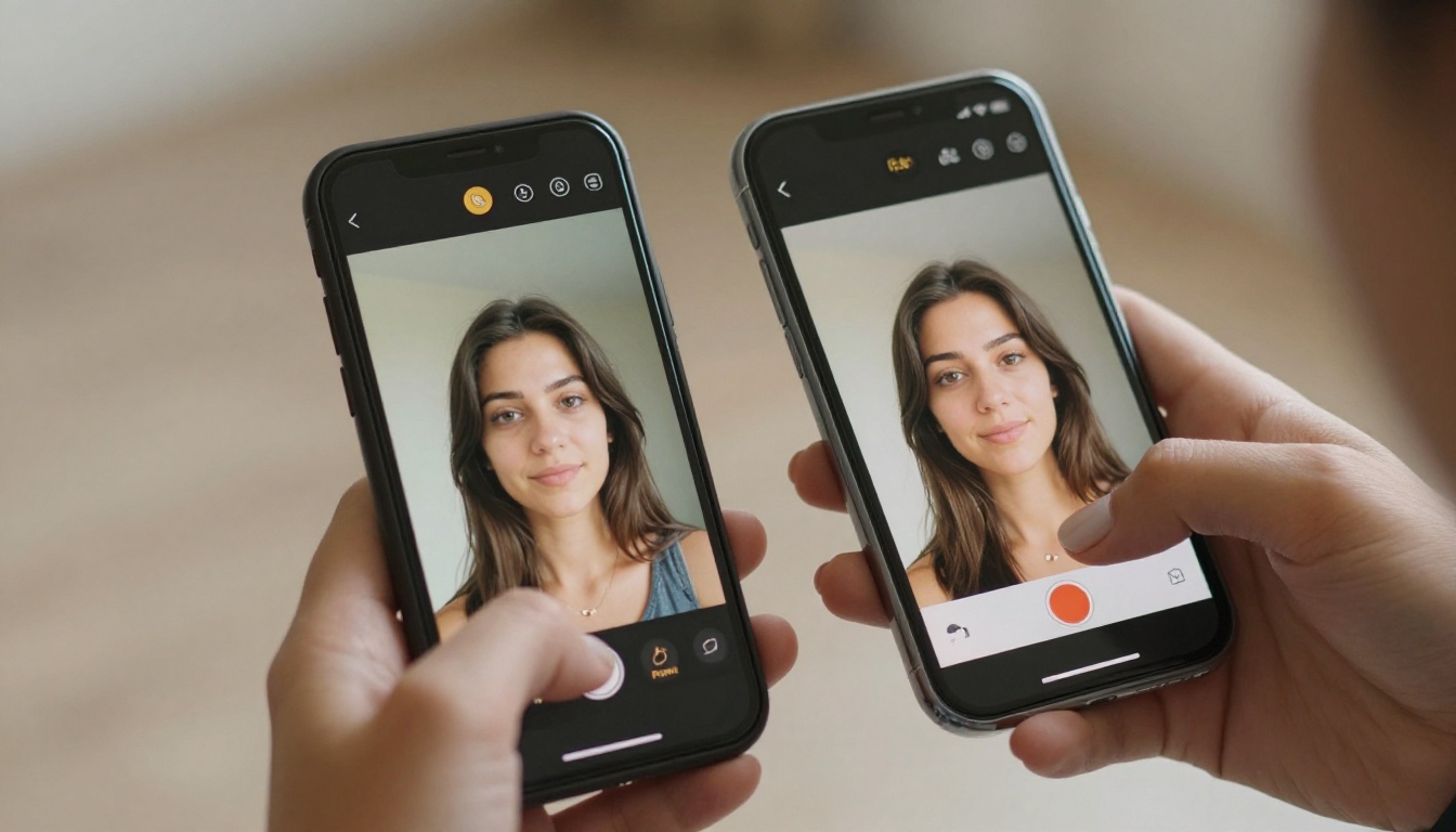 Hands holding smartphone with AI photo editor split-screen comparison