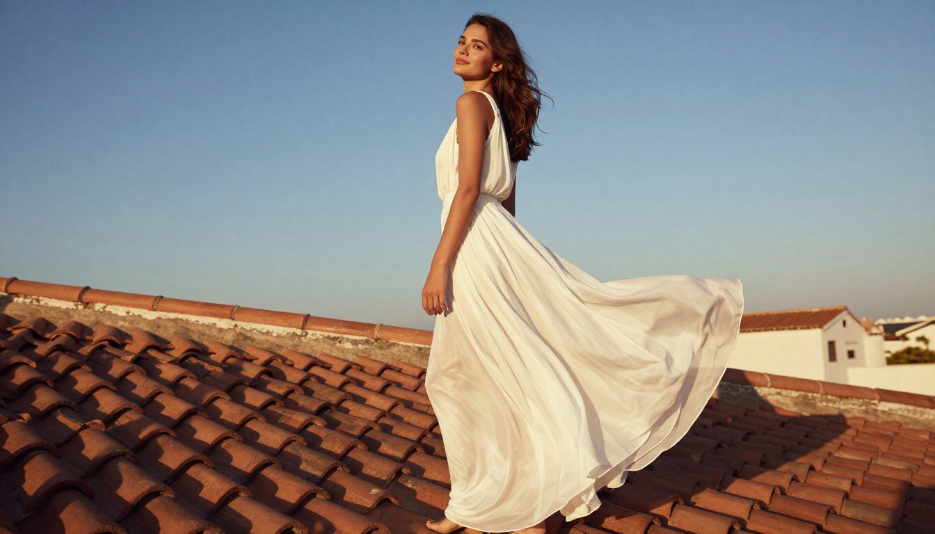 Woman in white sundress on sun-drenched Mediterranean rooftop at golden hour