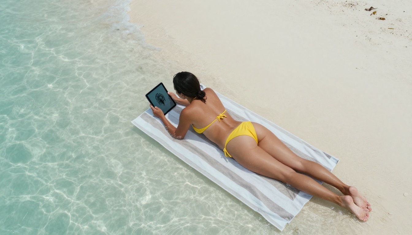 Woman lying on tropical beach reading tablet showing AI art, aerial view