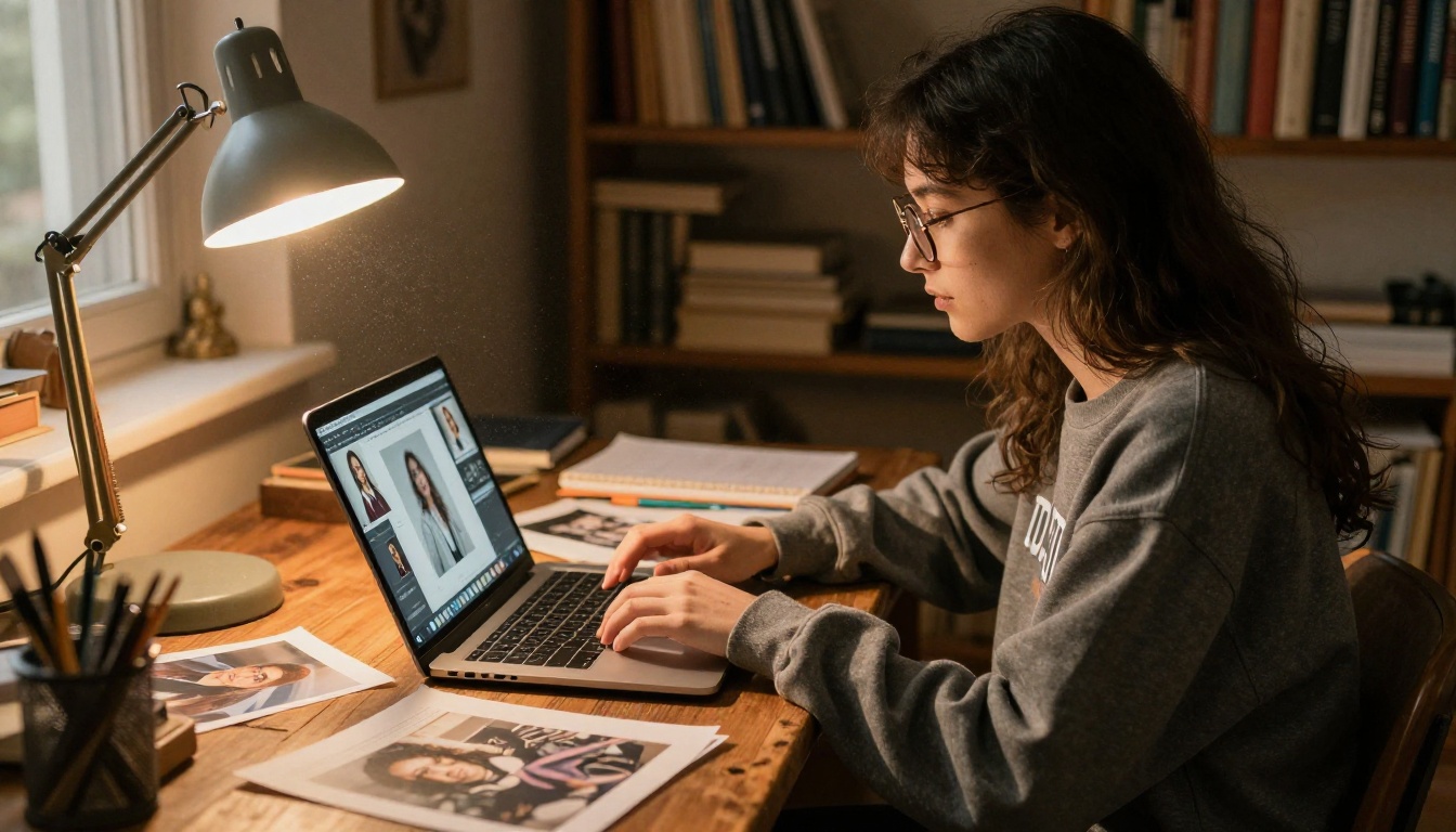 Young woman at rustic desk with multiple AI generation windows open on laptop
