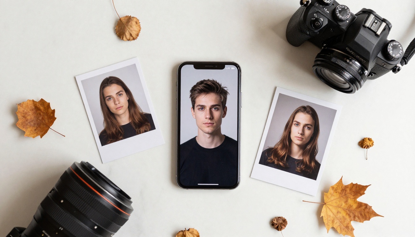 Flat lay overhead of smartphone with AI portrait on screen next to camera and printed photo on white marble