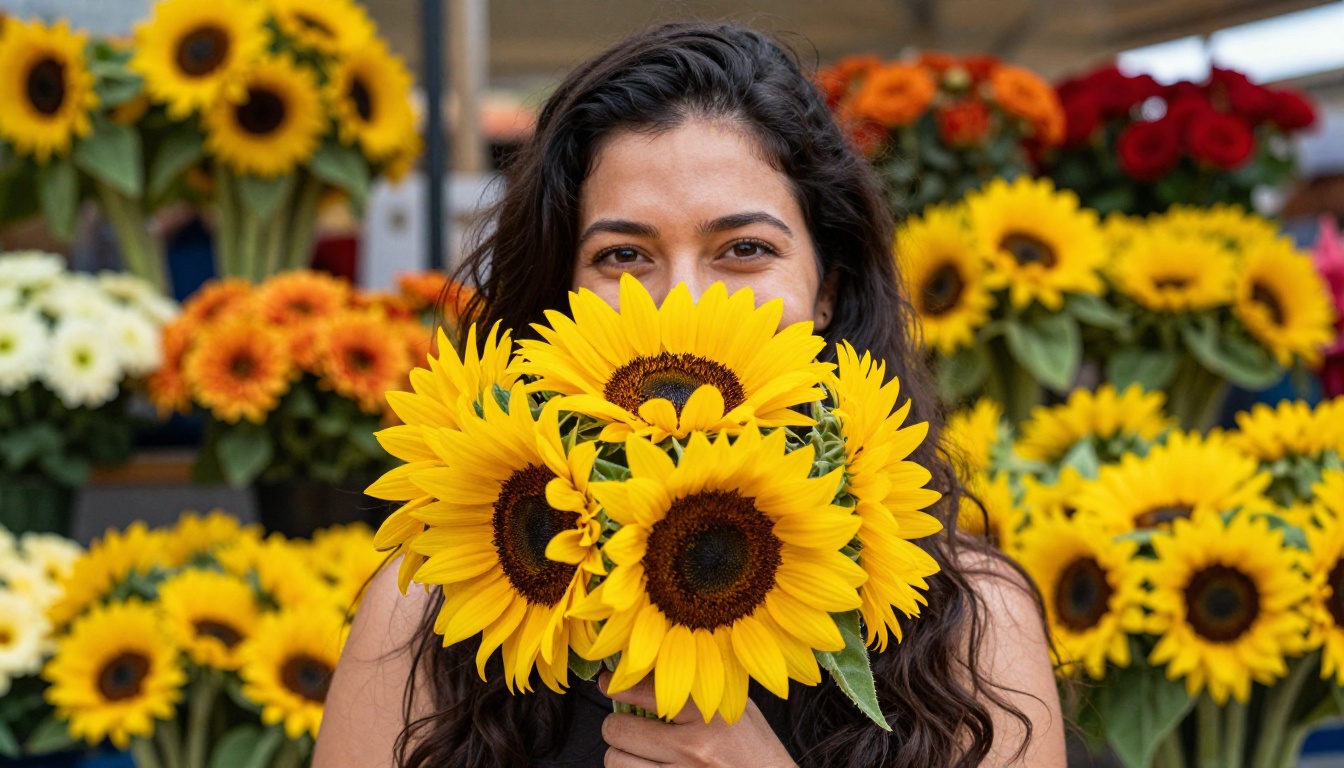Joyful woman in flower market holding sunflowers with colorful stalls blurred behind her