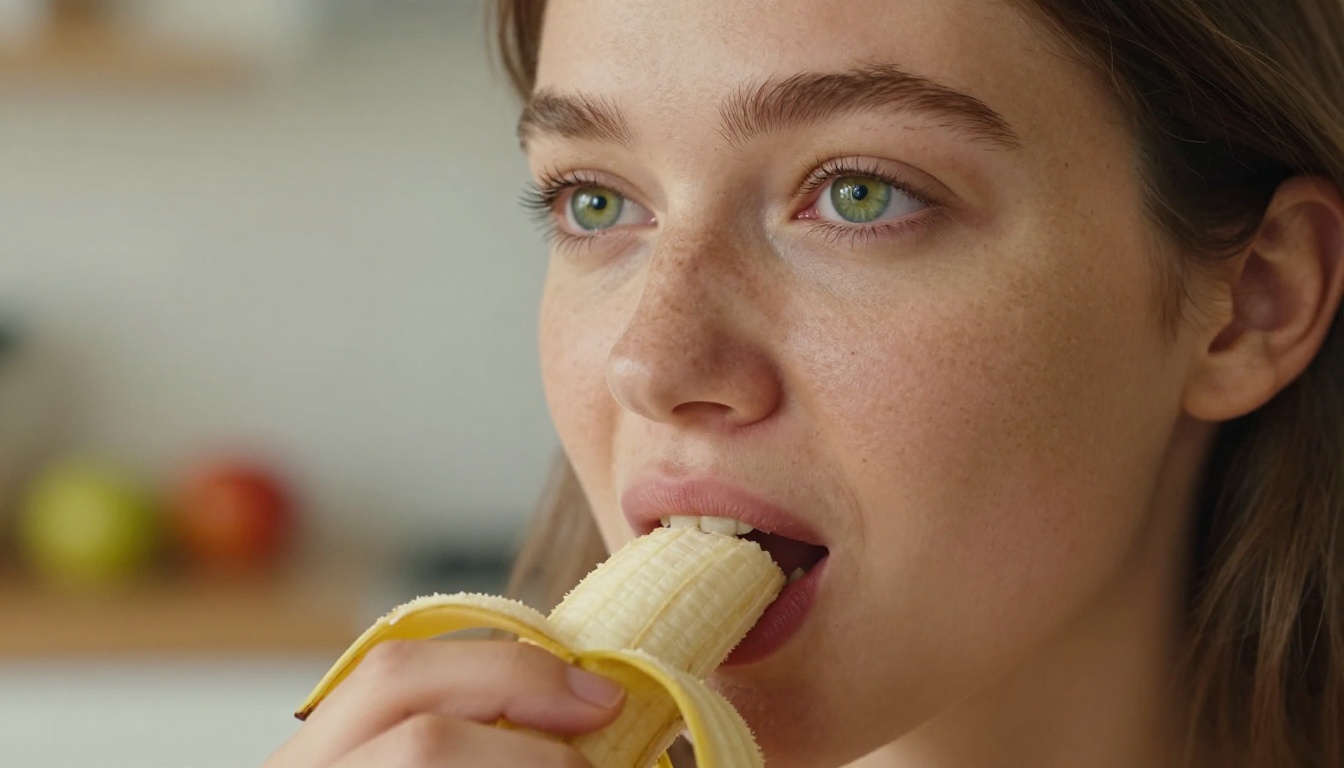 Close-up portrait of woman biting into small ripe banana, editorial photography style