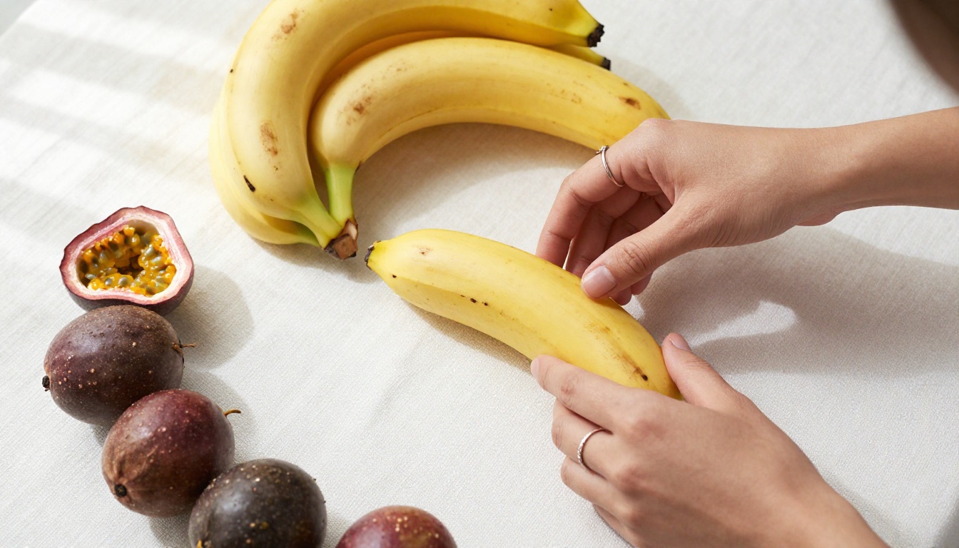 Flatlay photography of exotic tropical fruits including bananas, passion fruit, and dragon fruit on white linen