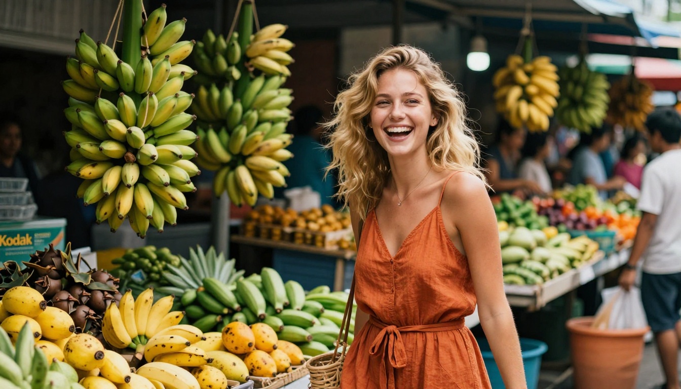 Young blonde woman laughing at Southeast Asia street market with hanging bunches of ripe bananas