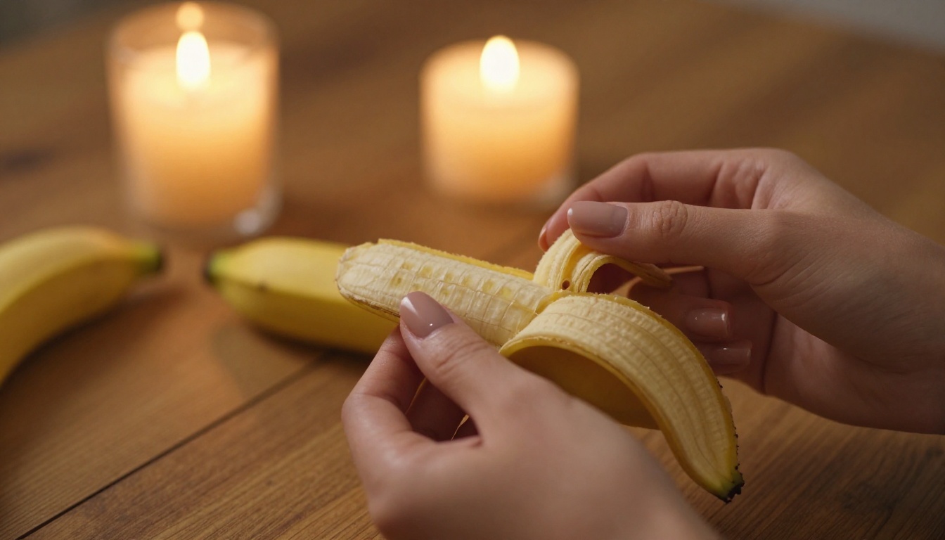 Close-up of woman's elegant hands peeling small golden banana by warm candlelight