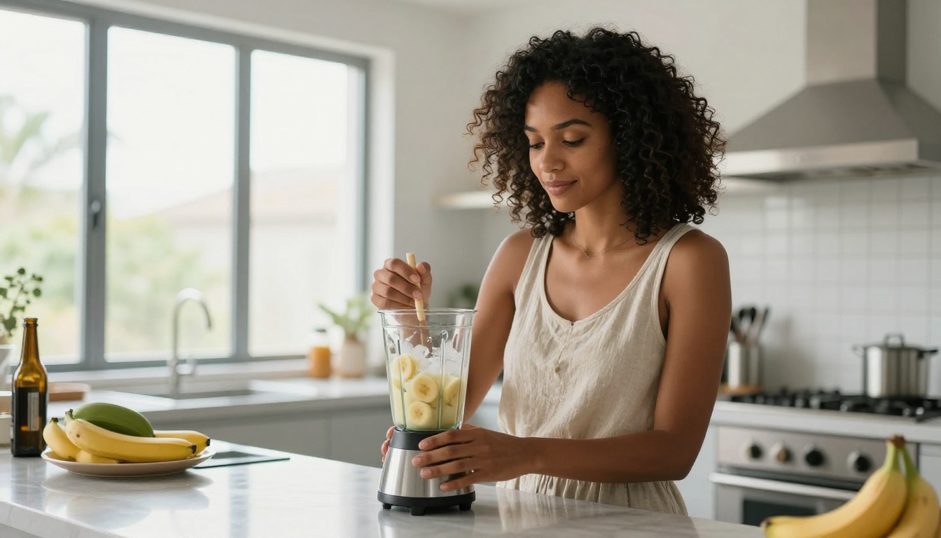 Woman with natural curly dark hair blending banana smoothie in glass blender, modern kitchen