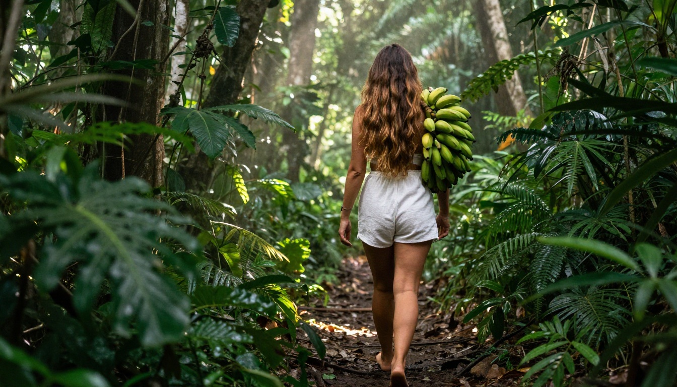 Woman in white linen walking barefoot along jungle path in Costa Rica with fresh bananas over shoulder
