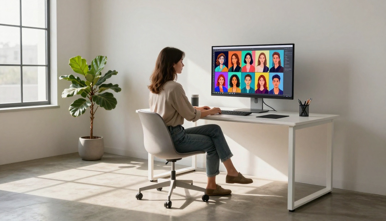 Woman at desk reviewing a grid of AI-generated portraits on a large monitor