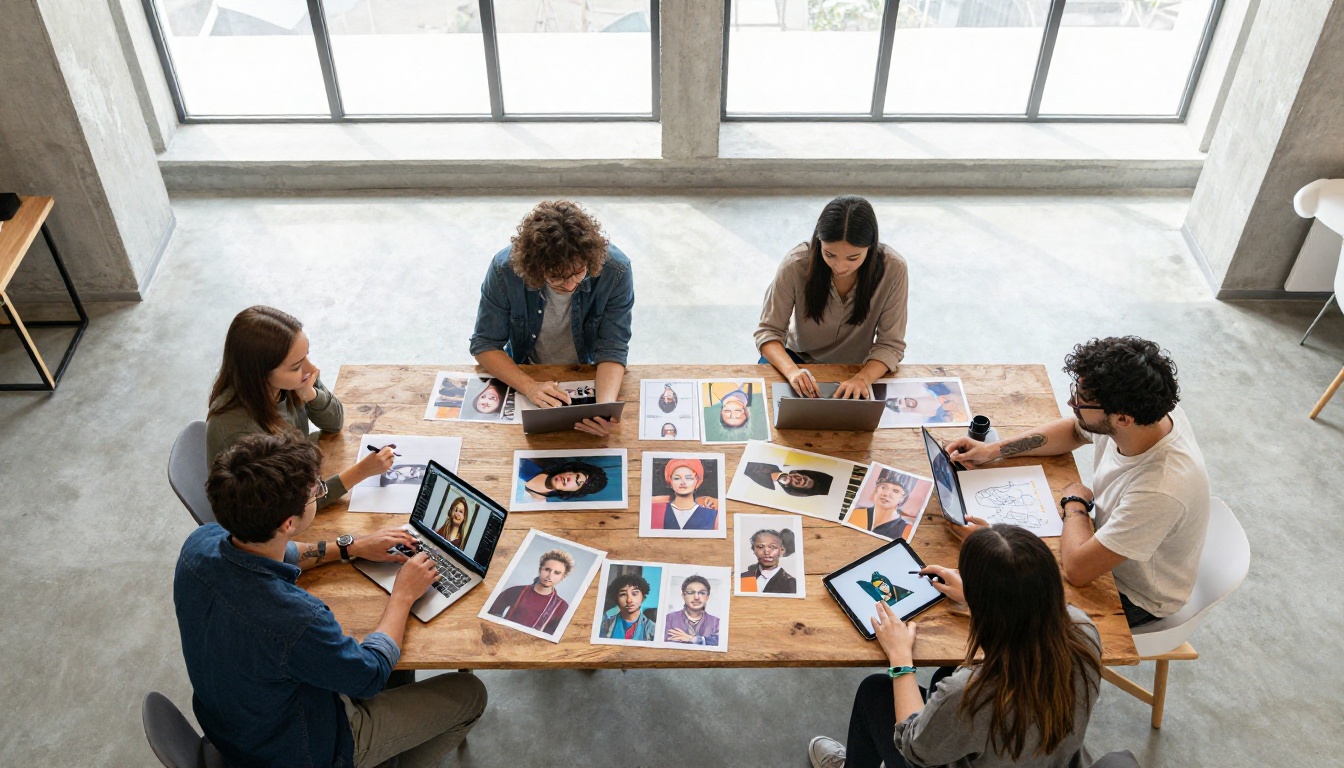 Creatives reviewing AI-generated portraits in a studio