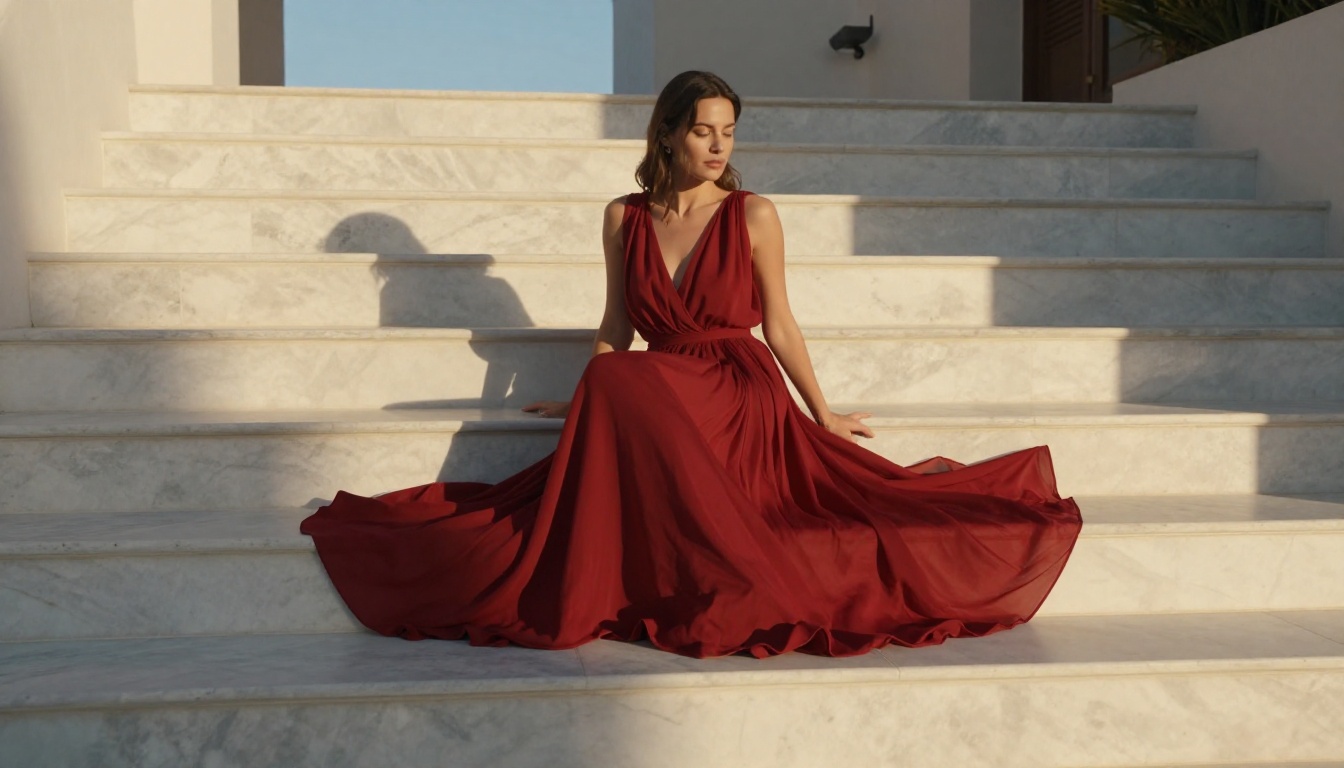 Woman in flowing red dress on marble steps with architectural shadow play