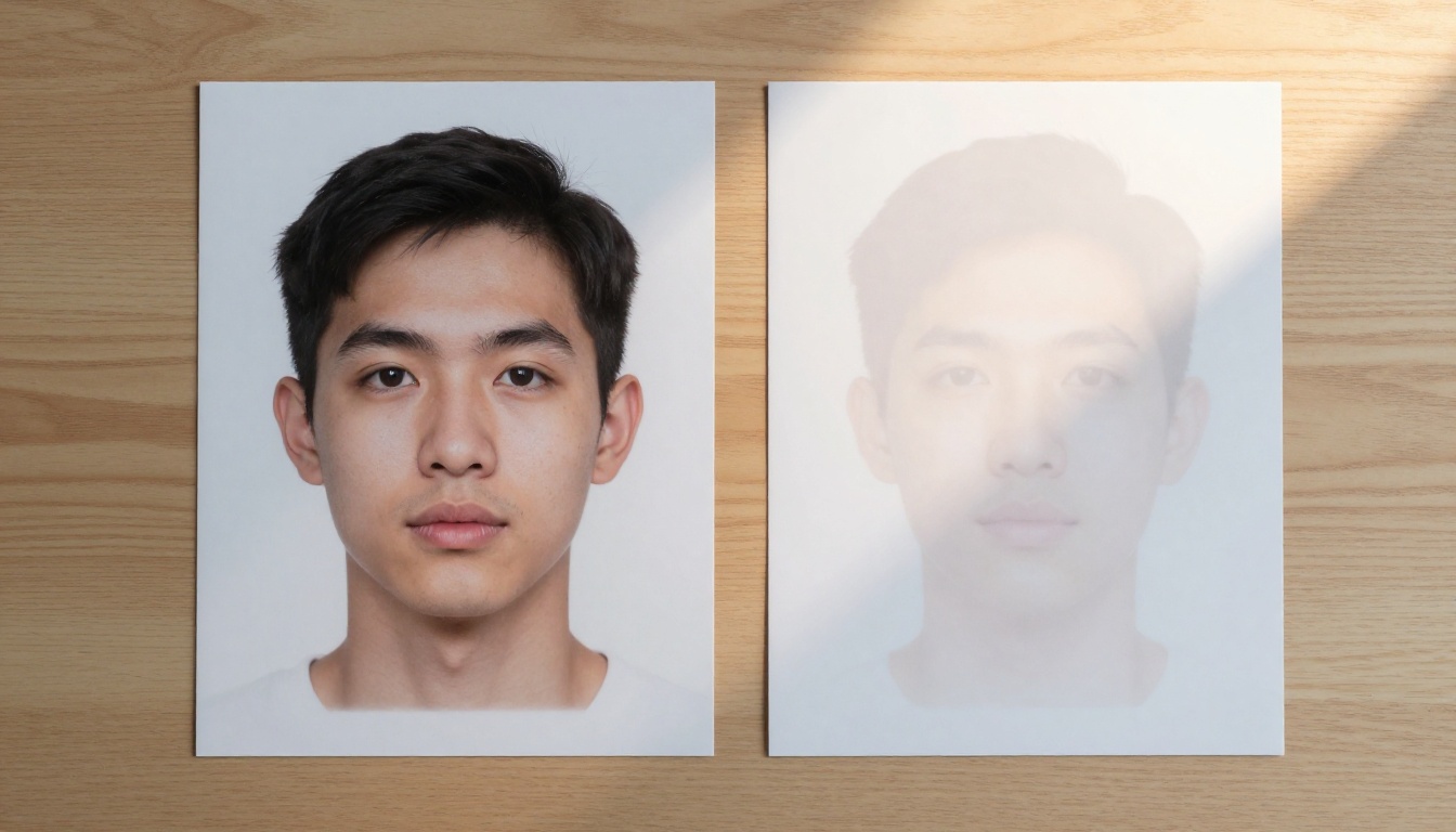 Flat lay comparing two printed AI-generated portrait images side by side on a wood table