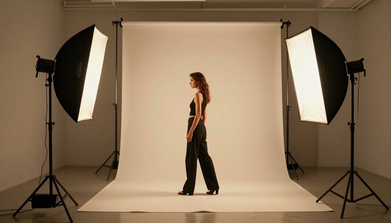 Professional photography studio interior with softboxes, a camera on tripod, and model on a seamless white backdrop