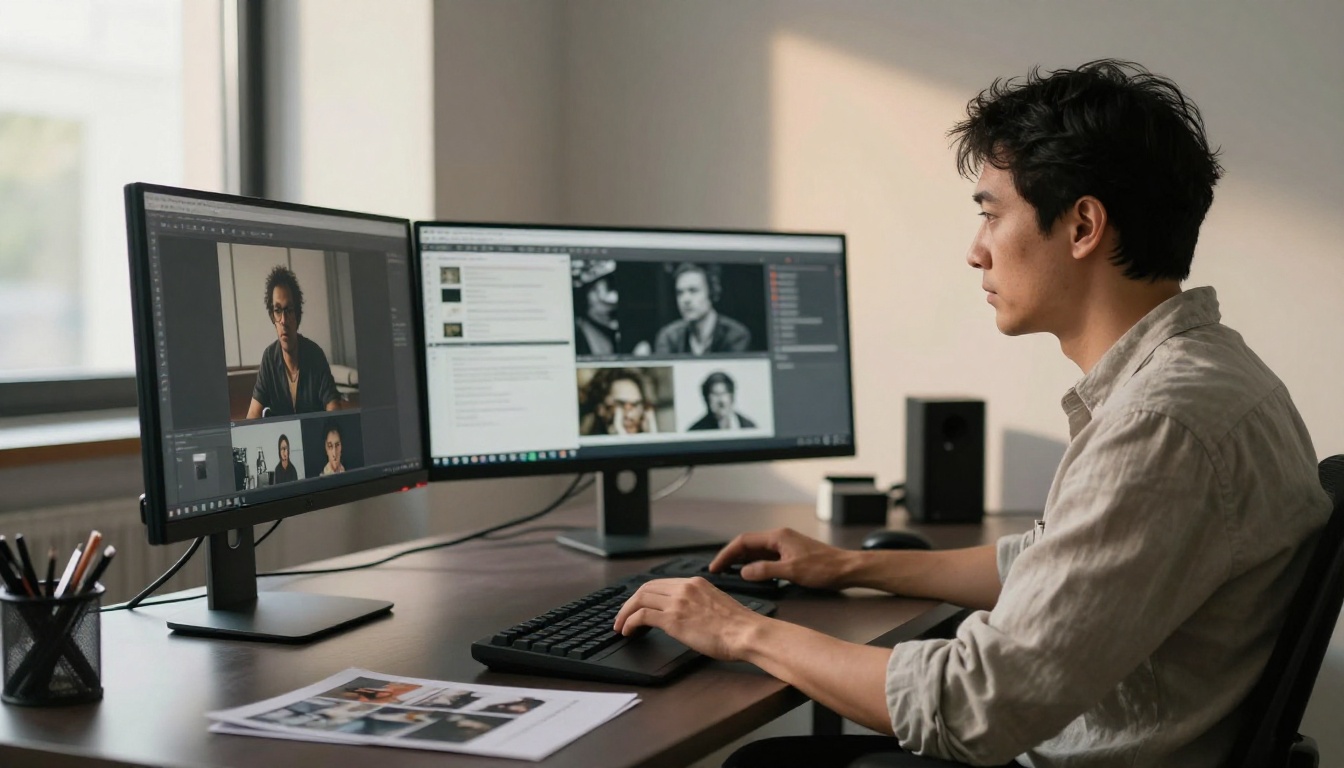 Creative director at dual monitor workstation reviewing AI outputs