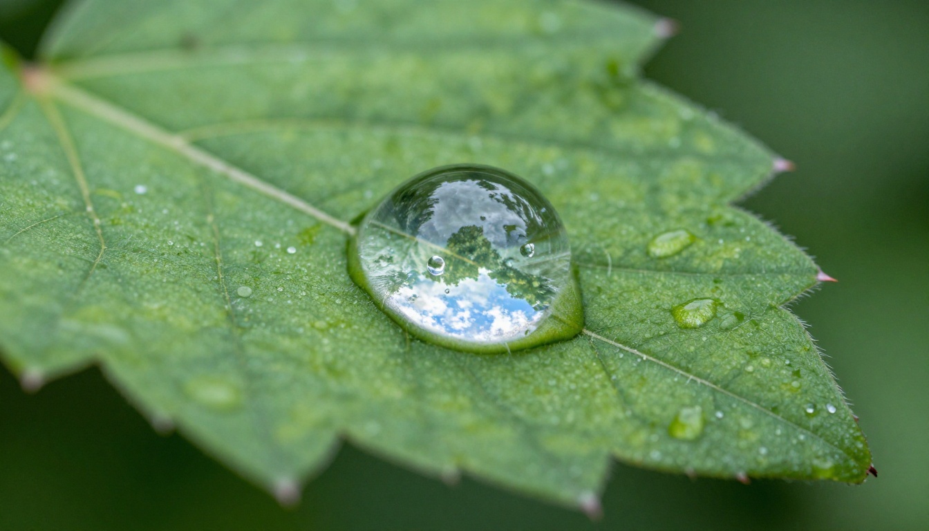 Macro detail of dew drops on leaf in morning light