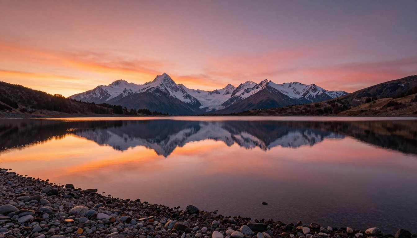 Alpine lake reflection at golden hour with accurate color rendering