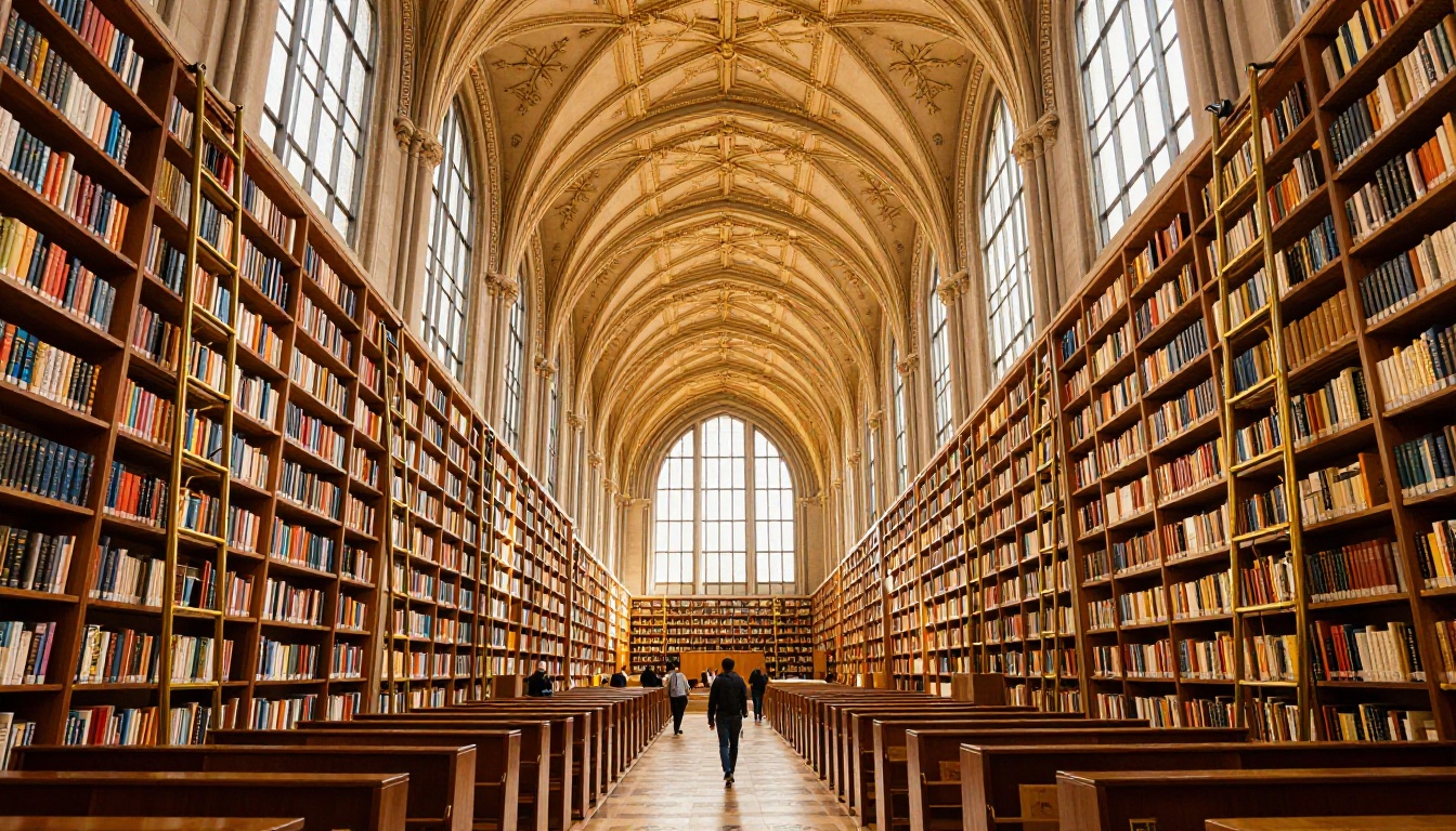 Dramatic interior library with vaulted ceilings and natural volumetric light