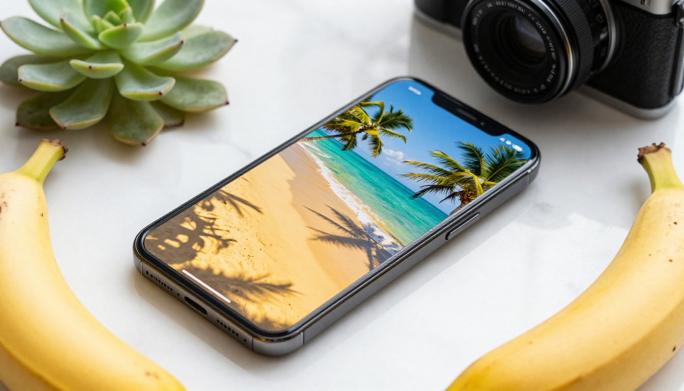 Woman editing photos on smartphone with warm golden tropical tones in a home studio