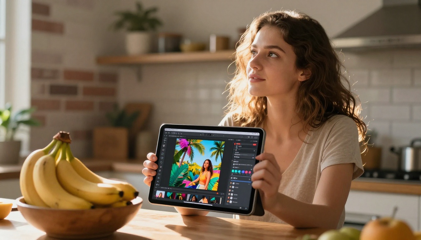 Woman at kitchen counter holding tablet with AI photo editing interface showing bright tropical tones