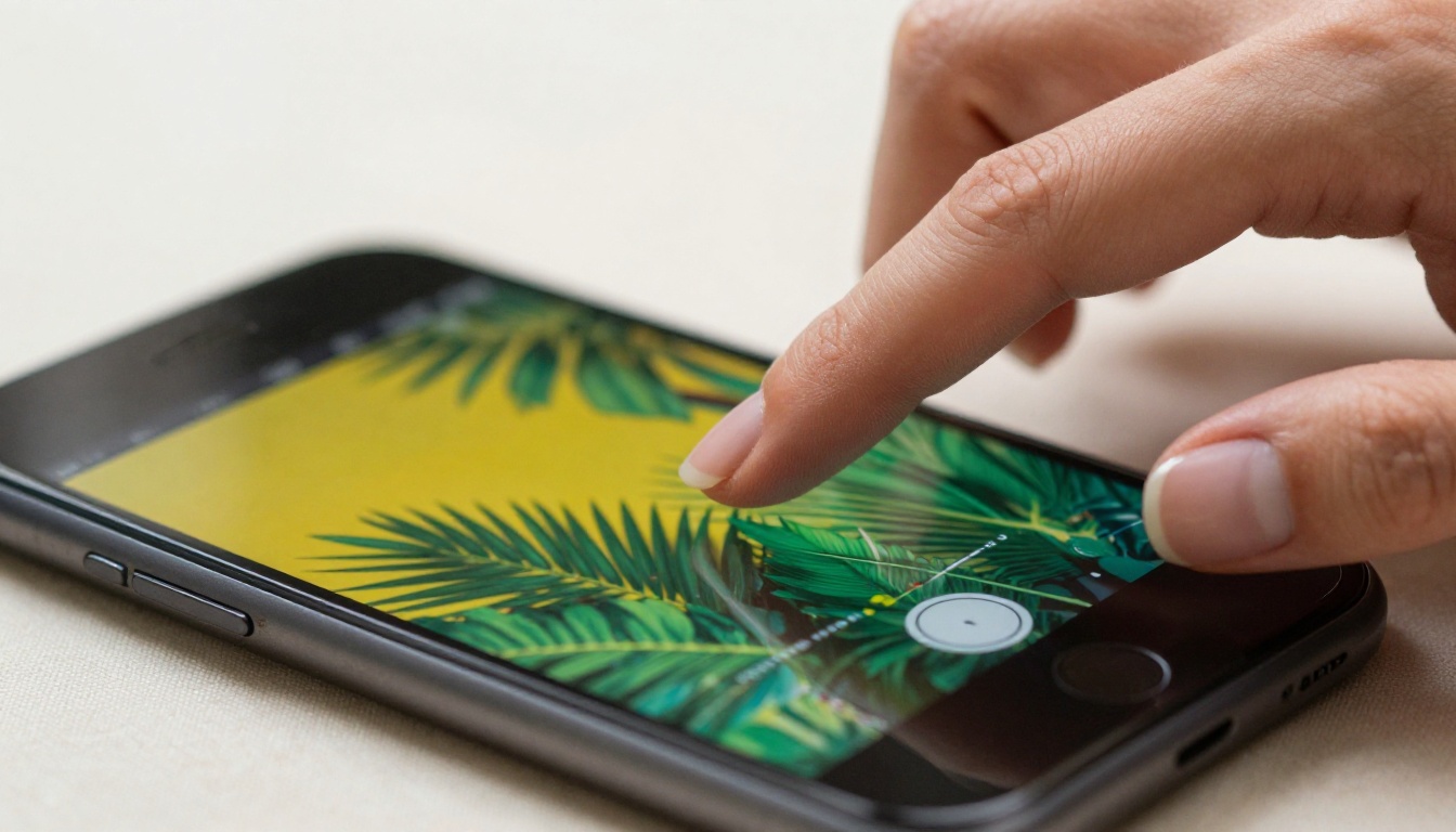 Close-up macro of a woman's hand tapping a smartphone showing a tropical photo filter color wheel