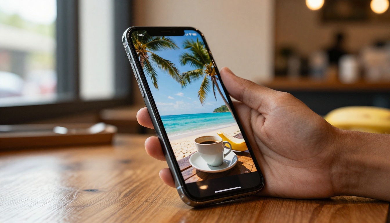 Smartphone on cafe table showing vibrant warm-toned portrait photo with tropical beach background