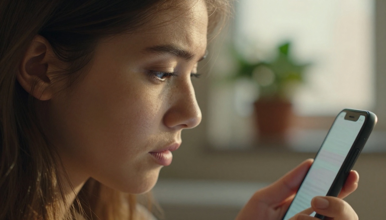 Side profile close-up of young woman studying smartphone screen in warm window backlight with blurred plant bokeh