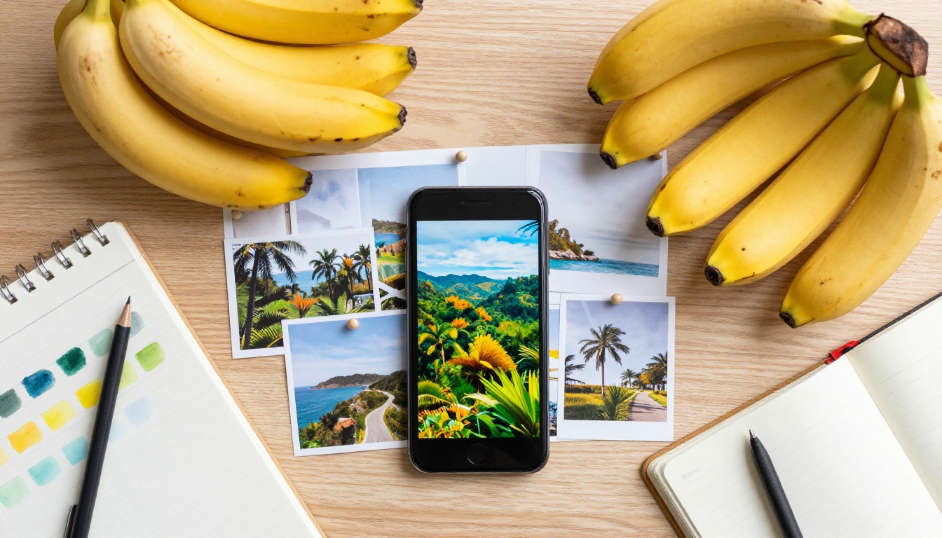 Overhead flat lay of creative workspace with smartphone showing tropical photo edits, bananas, sketchbook with color swatches
